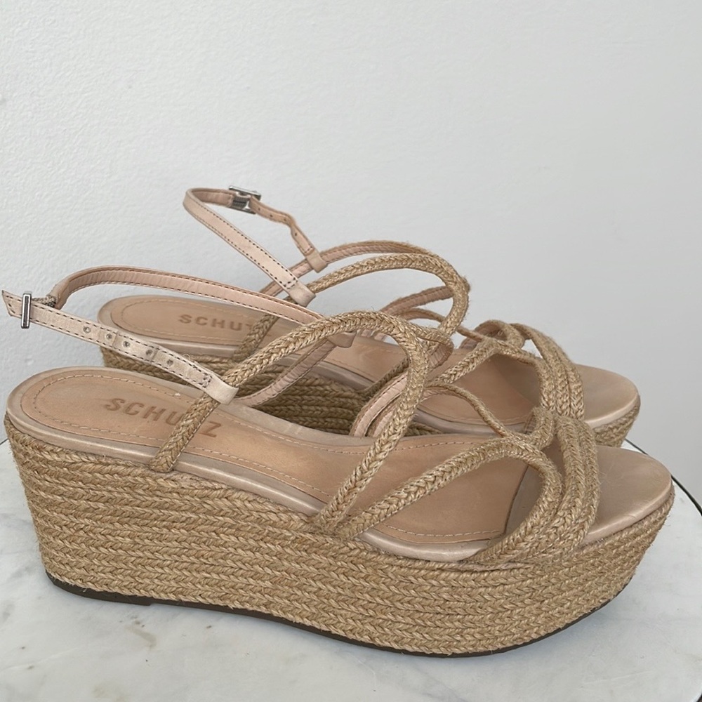 SCHUTZ BEIGE WOVEN PALMMA WEDGES, 7.5